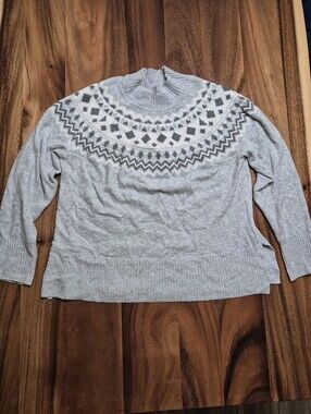 Tahari Gray Fair Isles Funnel neck Winter Sweater Top